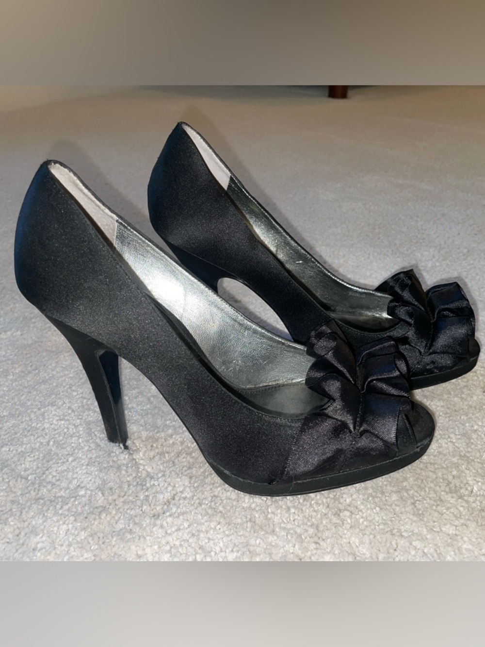 Nina Black Satin Peep-Toe Heels with Bow Accent